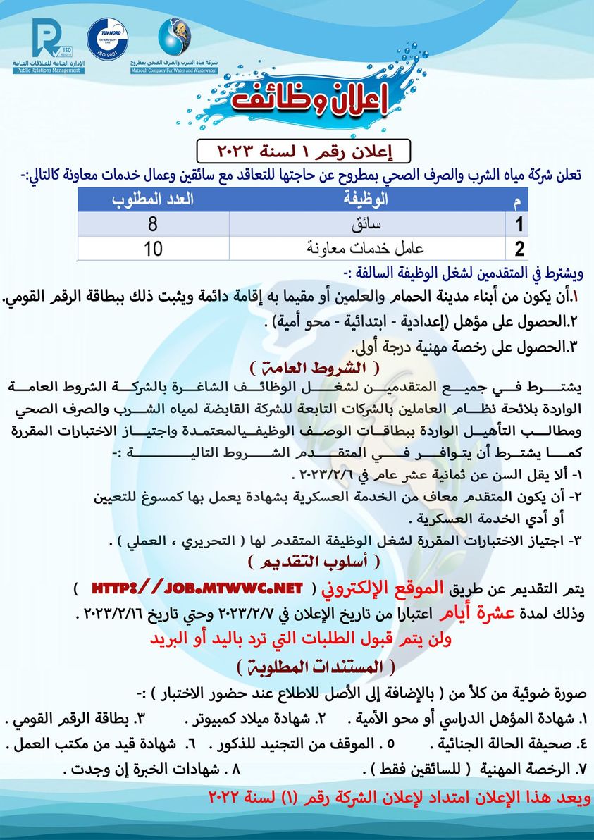 وظائف الشركة القابضة لمياه الشرب والصرف الصحي 2023